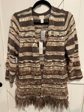 Chico's Brown, Cream & Tan Striped Open Cardigan with Fringe